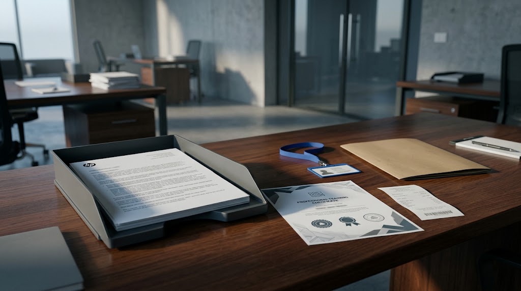 life inside a modern Dubai recruitment office after hours, office printer tray holding a newly printed generic employment offer